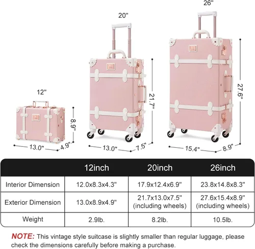 Vista 7 de Unitravel Juego de equipaje vintage de 3 piezas para mujer con cerradura TSA, Rosa en relieve.