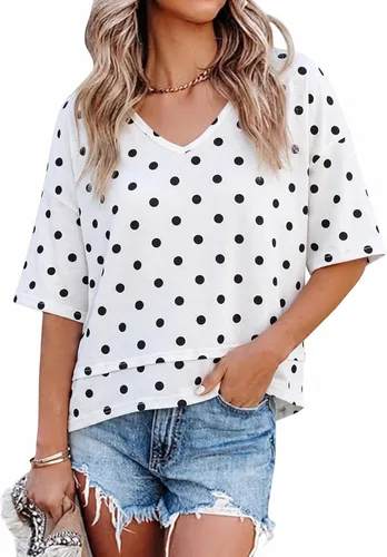 Vista 35 de Cicy Bell Camisetas de verano con cuello en V para mujer, casuales, de manga corta, holgadas, lindas camisetas básicas Caqui