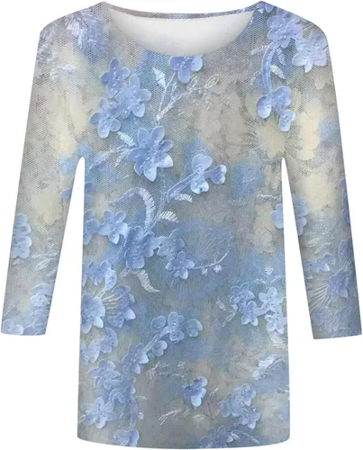 Vista 2 de Blusa para mujer, manga 34, cuello redondo, manga 34, camisas de manga 34 para mujer, lindas camisetas gráficas con estampado de flores