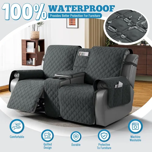 Vista 2 de TAOCOCO Funda de sofá reclinable 100% impermeable con consola, funda de sofá reclinable reversible para 2 asientos con correas para las piernas