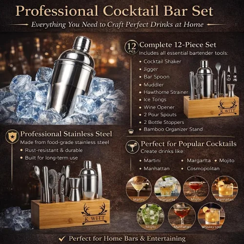 Vista 3 de Juego de coctelera personalizada de 12 piezas con soporte de bambú, kit de barman de mixología, coctelera de Martini y herramientas profesionales