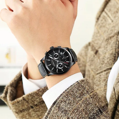 Vista 5 de CRRJU Relojes de pulsera con cronógrafo casual de cuarzo para hombre impermeable correa de cuero negro