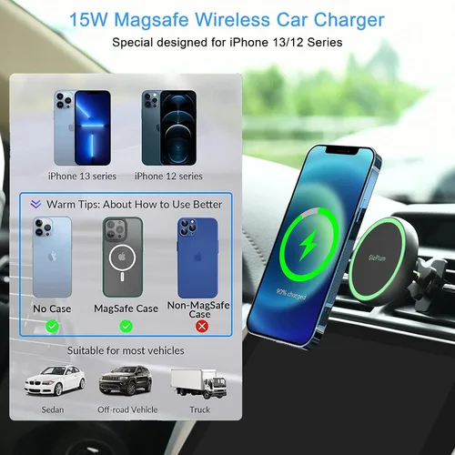 Vista 8 de Soporte magnético inalámbrico para cargador de coche compatible con Magsafe iPhone 15/iPhone 14/iPhone 13, accesorios magnéticos de ventilación