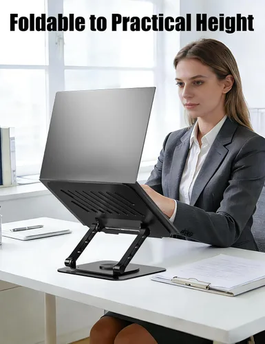 Vista 3 de Soporte ajustable para laptop con base giratoria de 360°, soporte para computadora portátil ergonómico plegable elevador para computadora portátil