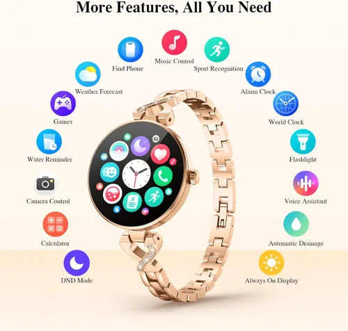 Vista 9 de Relojes inteligentes para mujer, pantalla AMOLED de 1.04", responder/hacer Oro rosa