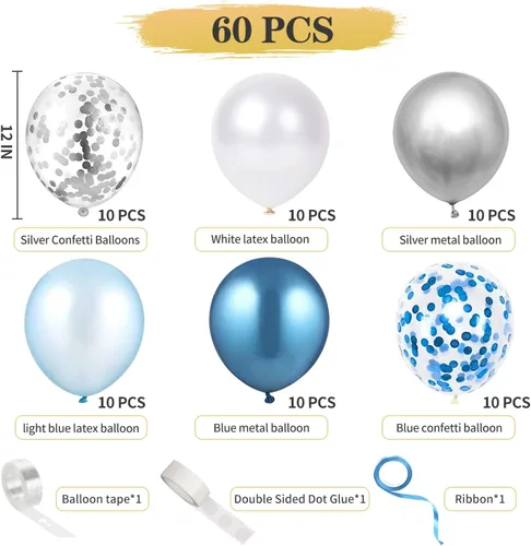 Vista 4 de 60 globos de confeti azul plateado y blanco de 12 pulgadas, globos de color blanco azul claro, globos plateados metálicos, globos de confeti