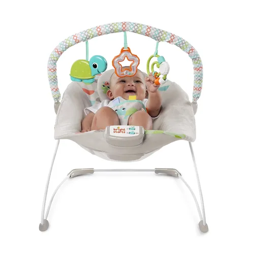 Vista 2 de Bright Starts Baby Bouncer Soothing Vibrations - Asiento para bebé, música, barra de juguete extraíble, 0-6 meses hasta 20 libras (Happy Safari)