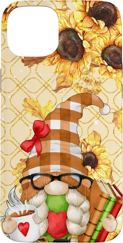 Vista 9 de Sunflower Gnome with Books for Tea Lover Librarian Reading Case for iPhone 16