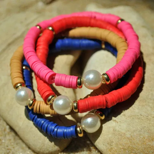 Vista 3 de The Woo's Bohemio Polímero Arcilla Pulsera de Discos Pulsera hecha a mano con cuentas ajustables, cuerda elástica y cuentas multicolores, pulsera