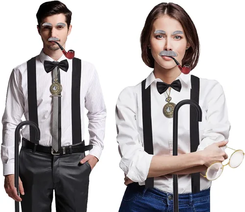 Vista 8 de dipartro Disfraz de anciano para niños y hombres, juego de accesorios de disfraz de abuelo con cejas falsas de bigote, barba, tubos, bastón, gafas