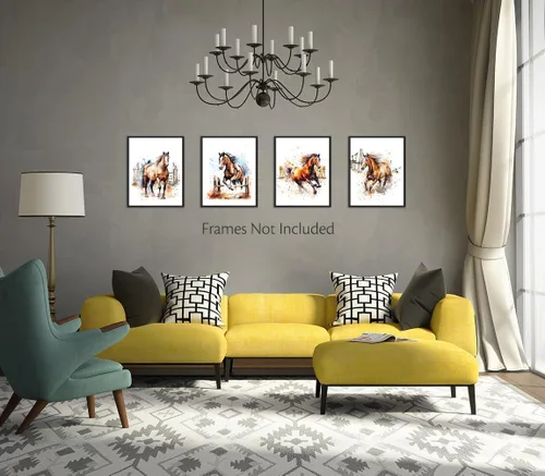 Vista 4 de LNLAGBO Arte de pared de caballo, impresión de caballo en acuarela, carteles de caballos salvajes, arte de lienzo de animales coloridos, imagen