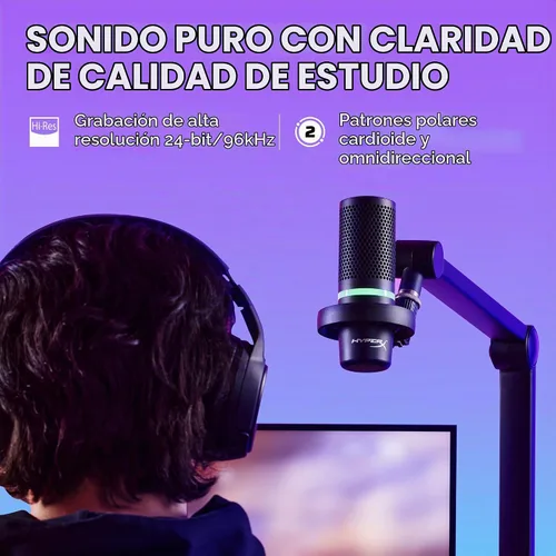 Vista 3 de HyperX DuoCast - Micrófono condensador USB RGB para PC, PS5, PS4, Mac, montaje de choque de bajo perfil, cardioide, omnidireccional, filtro pop