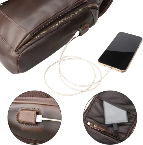 Vista 7 de Mochila retro de cuero de vaca real para hombre, mochila para iPad de 11 pulgadas, Marrón, Cabestrillo