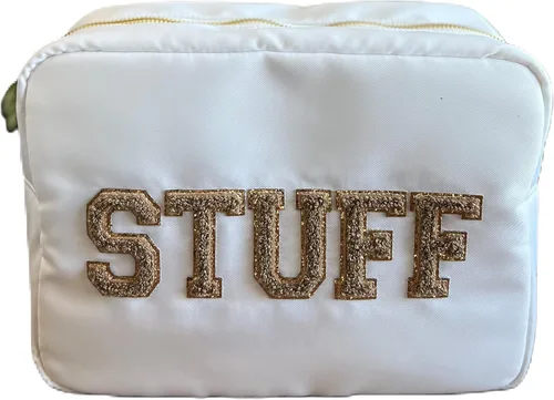 Vista 4 de SkyTen - Bolsa de maquillaje con letras de chenilla, estuche de nailon para cosméticos, organizador de viaje Glam Stoney Trébol Dupe, Negro -, Bolsa