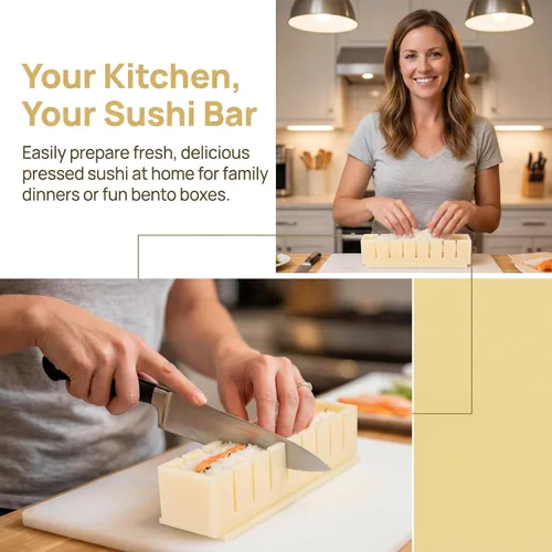 Vista 8 de Oshizushi - Molde de prensa de sushi rectangular, kit de 3 piezas, herramienta profesional para hacer musubi con ranuras de corte, molde de sushi