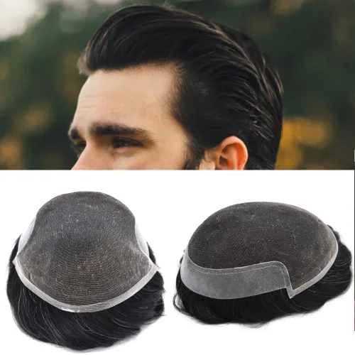 Vista 27 de Toupee para hombres sistemas de reemplazo de piel sintética con encaje suizo para hombre, nudos blanqueados, línea capilar natural para hombres