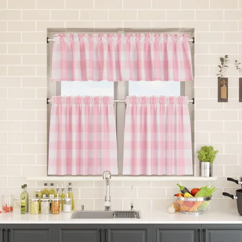 Vista 127 de Cenefas de cortina para ventana de 16 pulgadas de largo, 2 paneles de cuadros búfalo, cortinas pequeñas con bolsillo para barra, estilo clásico