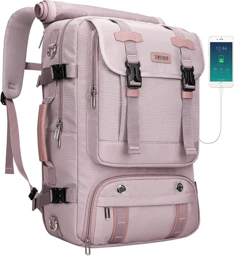 Vista 10 de PIJUSHI Mochila de viaje para mujeres y hombres, mochila de equipaje de mano, aprobada por vuelo, bolsa de lona convertible para laptop de 16 Negro