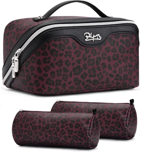 Vista 14 de BOYATU Bolsa de maquillaje de viaje para mujer: 3 en 1 modular con estampado de leopardo para viajes de 3 a 15 días - Neceser impermeable de cuero