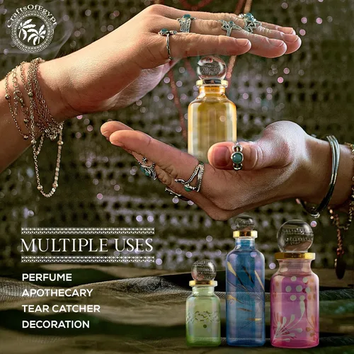 Vista 6 de Botellas de perfume egipcias, mini botellas de vidrio vacías para perfume, aceites esenciales o poción – Juego de 10 frascos pequeños decorativos