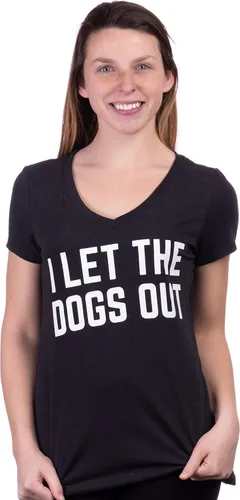Vista 2 de Camiseta con cuello en V para mujer con texto en inglés "I Let The Dogs Out