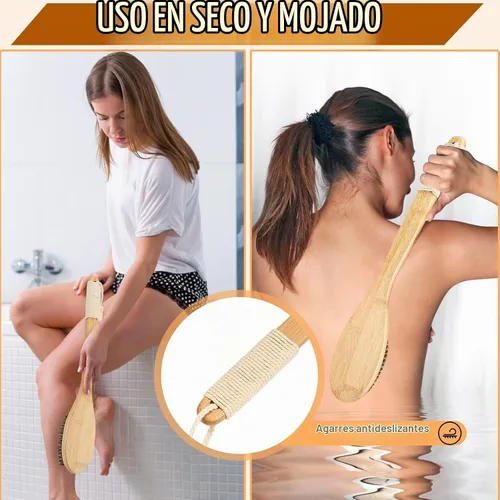 Vista 5 de eaxun Cepillo de ducha de bambú con mango largo curvado, exfoliante de espalda de 16.7 pulgadas con cerdas naturales para hombres y mujeres