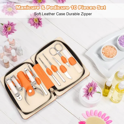 Vista 7 de Juego de manicura profesional para adultos, cortador de uñas de alto grado 10 en 1, cortaúñas encarnadas, pedicura con estuche de viaje de cuero.