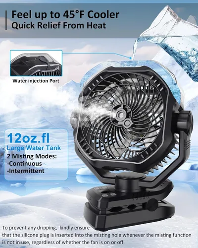 Vista 2 de Ventilador de nebulización recargable portátil con niebla de 12 onzas, pantalla de duración de la batería, control remoto, temporizador, luz, 5