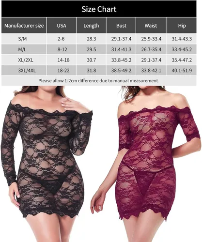 Vista 6 de Ufuntaste Lencería sexy con hombros descubiertos, elástica, babydoll floral, encaje delgado, ropa de noche, fiesta, rojo vino (manga corta)