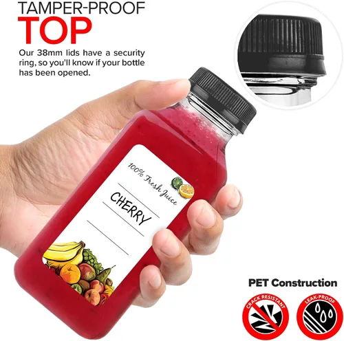 Vista 4 de Botellas de jugo de 12 onzas con tapas para jugo (paquete de 12) – Botellas de agua de plástico vacío transparente reutilizables – Contenedores