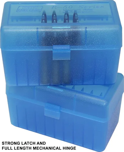 Vista 3 de MTM Caja de munición para rifle de 50 cartuchos con tapa abatible Large Mag (Azul transparente)