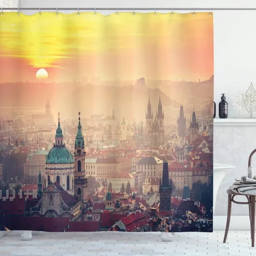 Vista 47 de Ambesonne Decor Collection, juego de cortina con ganchos para regadera Amarillo y marrón
