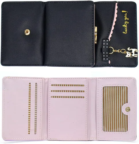 Vista 5 de SUMGOGO Cartera pequeña para mujer, lindo gato, colgante, tarjetero organizador para niñas, bolsillo frontal, monedero de cuero, A-Negro, Minimalista