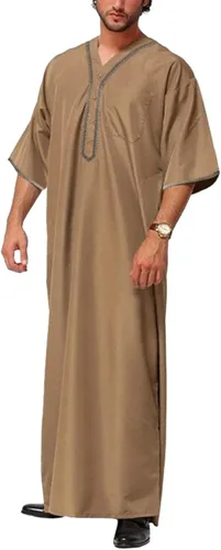 Vista 4 de EELHOE Mens Muslim Thobe Saudi Arabic Middle East Islamic Long Gown Dress Crew Neck Breathable Clothing Ramadan Dress