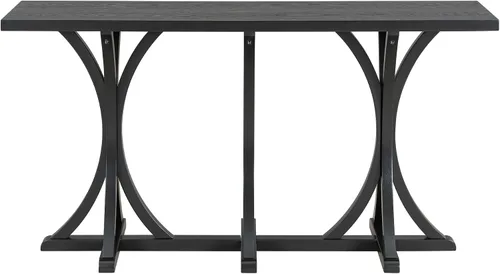 Vista 9 de Mesa de consola de madera de 152 cm con tapa de chapa de roble y patas curvadas delgadas de madera de goma, elegante mesa de sofá para sala