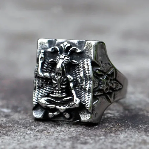 Vista 2 de BUNNISTINE Vintage Baphomet Goat Square Ring for Men and Women Stainless Steel Gothic Satanic Ring Lucifer Sigil Ring Religion Deity Pagan Ring