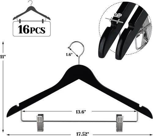 Vista 2 de HOUÍSM - Perchas de madera con clips, perchas resistentes para pantalones y faldas, perchas de madera maciza para pantalones, jeans, ropa