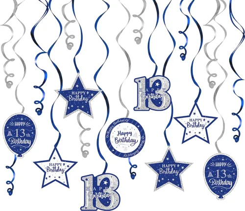 Vista 15 de Decoración de fiesta de serpentinas con purpurina azul y plateada de feliz 11º cumpleaños, 15 piezas de remolinos colgantes de 11 cumpleaños, cartel