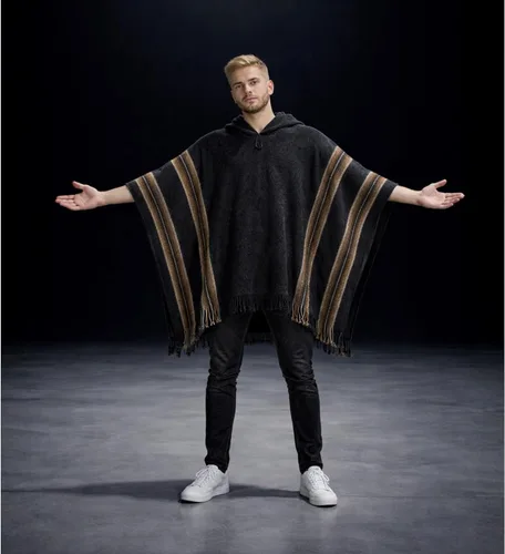 Vista 3 de Gamboa Alpaca Poncho for Men with Hood Negro