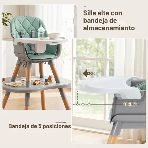 Vista 7 de Ezebaby Silla alta convertible para bebé con mesa y asiento, silla de alimentación ajustable 8 en 1, asiento elevador de comedor de múltiples etapas