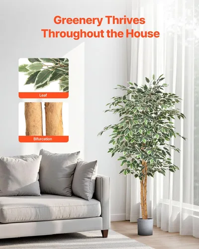 Vista 3 de VEVOR Árbol de ficus artificial de 5 pies con maceta negra, planta alta de ficus sintético con tronco de madera natural y hojas verdes realistas