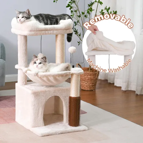 Vista 5 de Árbol para gatos pequeños de 32 pulgadas para gatos grandes, torre para gatos adultos con poste rascador, hamaca grande de 15.7 pulgadas y auto Beige