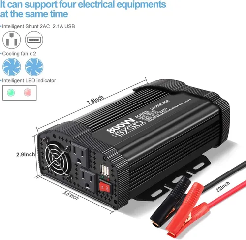 Vista 2 de BYGD Convertidor de inversor de corriente de 800 W, 12 V CC a 110 V CA, adaptador de enchufe de automóvil, cargador de salida con doble salida de CA