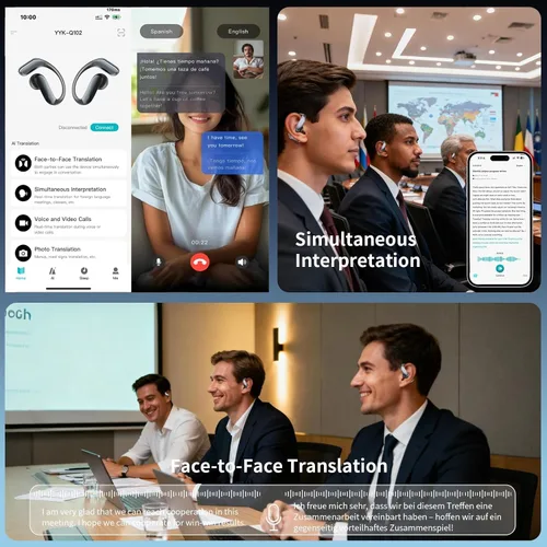Vista 7 de Auriculares de traductor AI 4 en 1, audio de alta fidelidad, diseño de oreja abierta, 164 idiomas Latest AI Bluetooth Translation Earbuds,No Negro