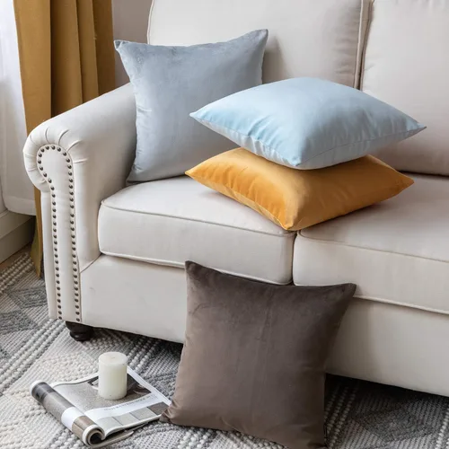 Vista 4 de Phantoscope Paquete de 2 fundas de almohada decorativas de terciopelo suave y cuadrado para sofá, color beige, 18 x 18 pulgadas, 17.7 x 17.7 in