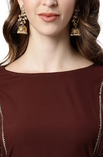 Vista 7 de Janasya Kurta de crepé polivinílico marrón indio para mujer