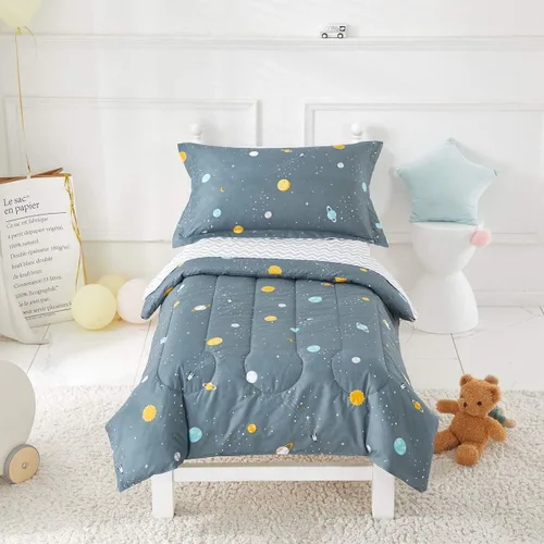 Vista 10 de Juego de ropa de cama para niños pequeños, color azul marino con autos coloridos, incluye 1 edredón para niños, sábana encimera, sábana bajera