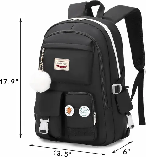 Vista 7 de Spotted Tiger Mochila estética para niñas adolescentes y niñas, bonita mochila escolar, mochila escolar de anime para niñas, Negro, L, Estética