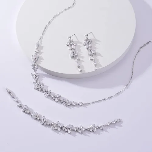 Vista 2 de DHQH Juego de 3 piezas de joyería de novia de circonita cúbica para boda collar de cristal aretes colgantes pulseras para mujeres regalos de joyería
