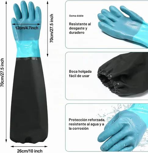 Vista 2 de 27" Full Arm Pond Gloves, Long Heavy Duty Gloves with Cotton Lining, Waterproof Rubber Chemical Resistant Glove